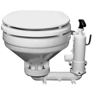 A manual marine head. Note the hand pump on the right side of the bowl.
