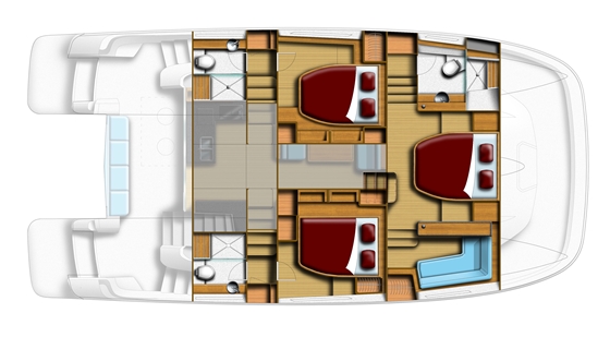 The layout is available in a three-cabin/three-head version, shown here, or with two cabins and two heads -- a geat situation for a liveaboard couple.
