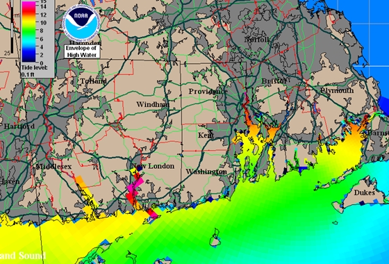 A simulation of the storm surge in New England at the height of the Hurricane of 1938, a brute that caused tremendous devastation then, and would cause far more today. The yellow areas show a surge 10 feet above normal high water. The red areas in New London, Providence, and Buzzard's Bay were even worse. Image courtesy of the National Hurricane Center.
