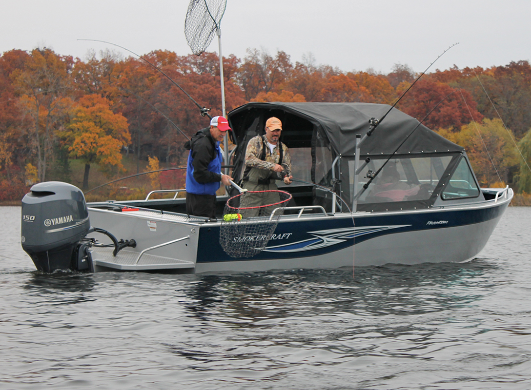 Anglers fishing on an aluminum boat in the autumn season. Photo: Dan Armitage.