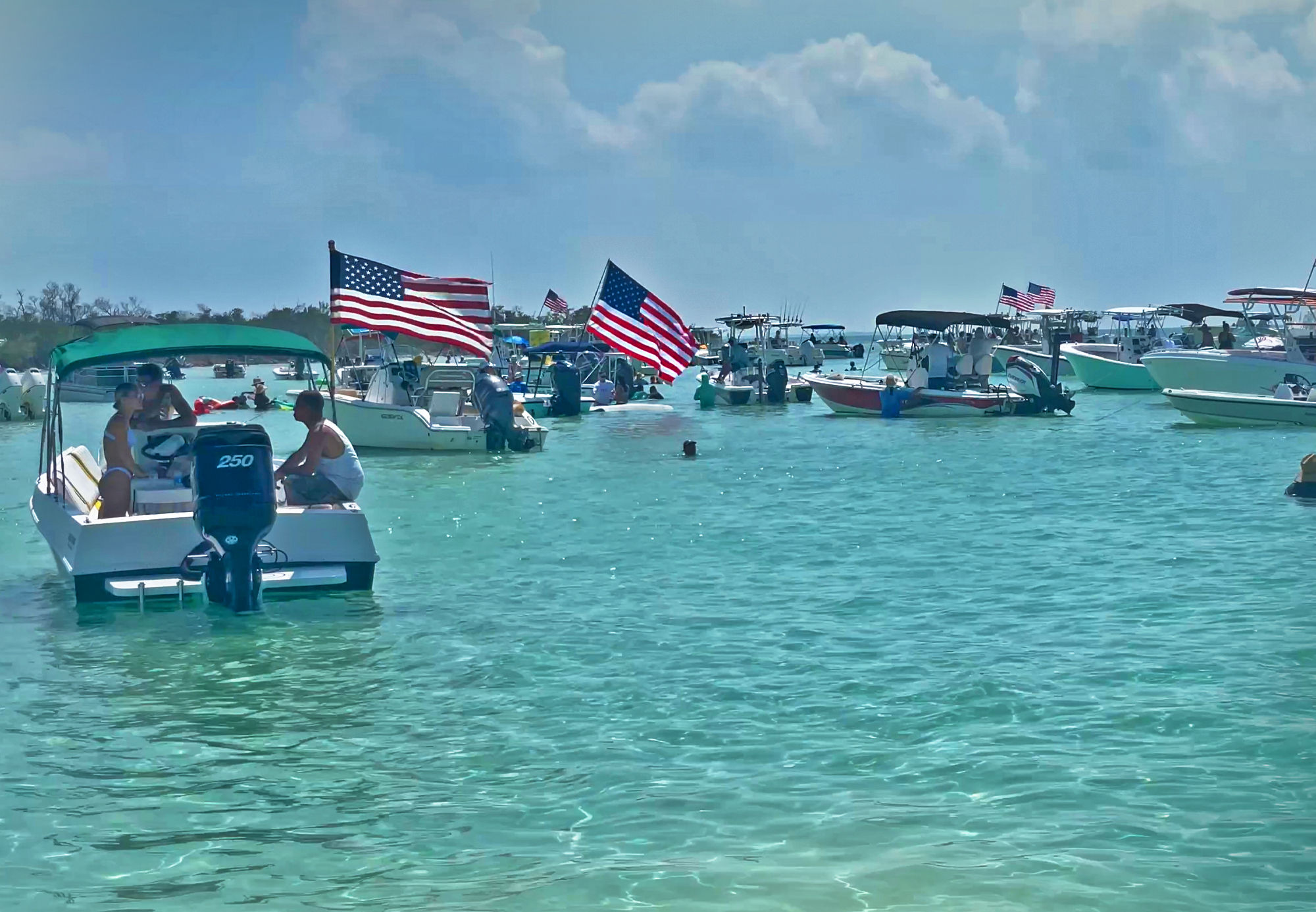 Boats Anchored Together And Rafted Up At Snipe Key in Florida
