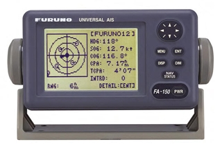  This AIS transceiver not only broadcasts information about the vessel it’s installed on, but receives information about other AIS-equipped vessels as well. Note the various targets on the display, represented as circles with direction marks. Image courtesy of Furuno.