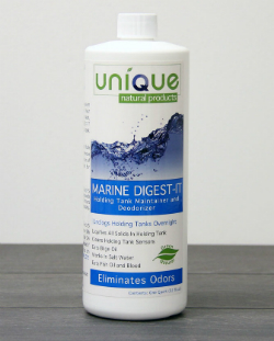 When selecting a marine head holding tank deodorizer/cleaner, make sure it contains microbes that will digest uric acid and other waste byproducts. Photo courtesy of <A HREF="https://uniquemm.com/products/marine-digest-it-holding-tank-deodorizer">Unique</A>.