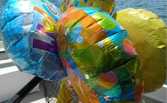 Mylar balloons travel far and wide over the world's waters. They don't give up easily, but you can gaff 'em and boat 'em if you're quick.