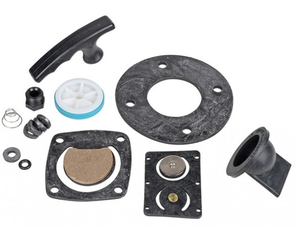 A typical rebuild kit for a manual marine head, including discharge flapper valve, joker valve, inlet/outlet flapper, discharge flapper, and other critical seals. Photo courtesy of <A HREF="https://www.groco.net/">Groco</A>.