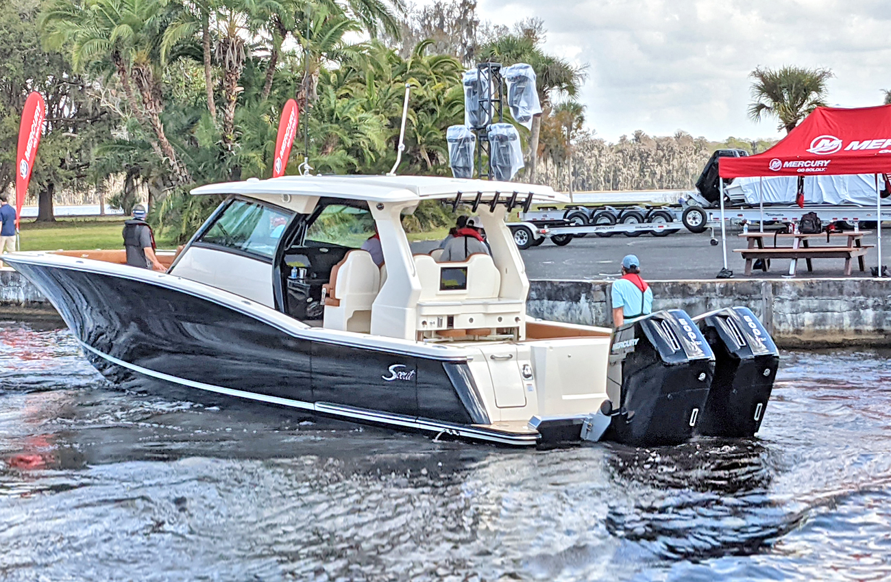 Twin Mercury V12 600 HP Outboard Engines On A Scout Center Console Boat. Photo: Alan Jones.