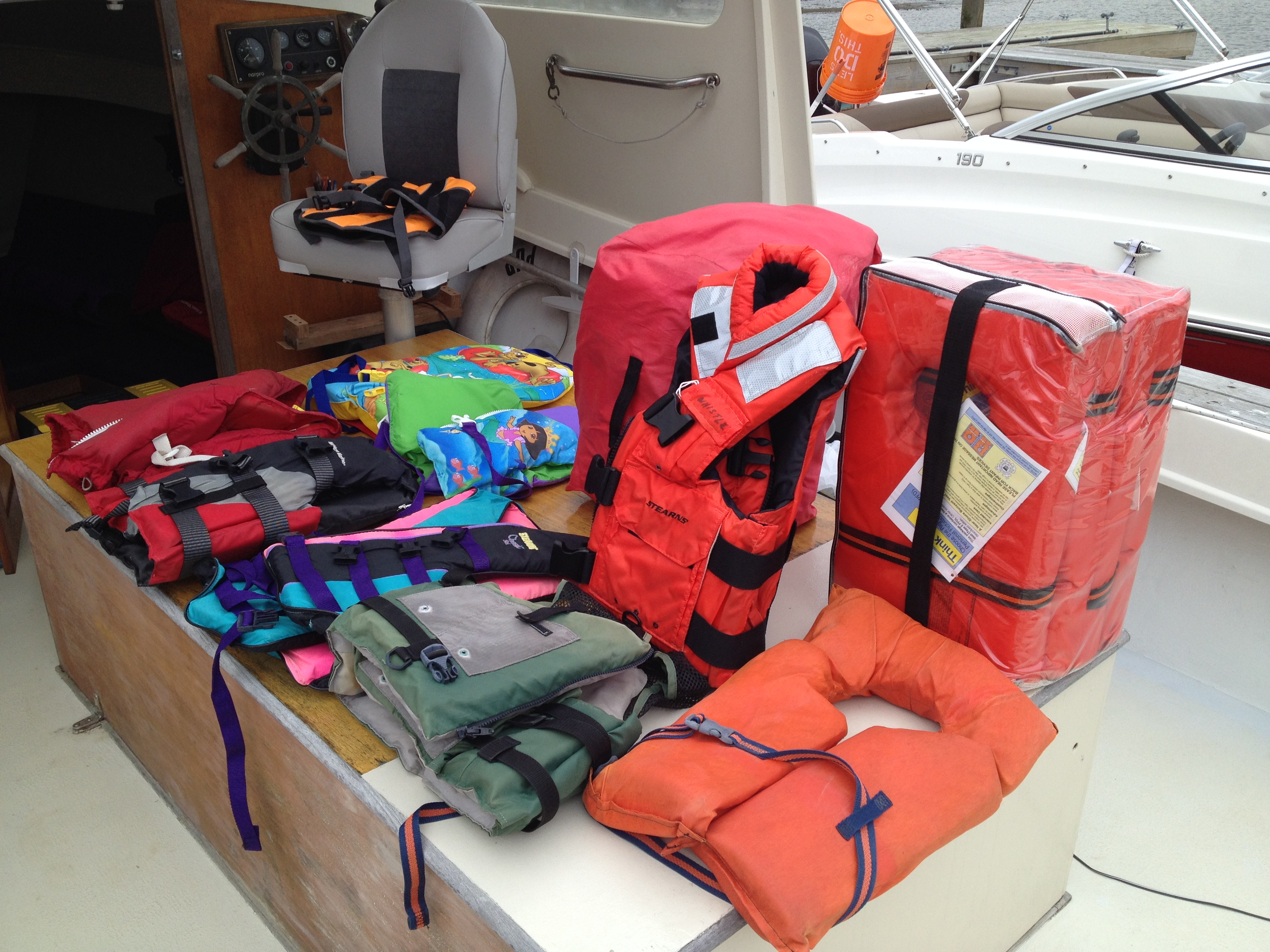 This boat has an extra-big inventory of PFDs, including several for visiting kids and infants, and even one for a dog. This could be noted in a seller’s ad copy.