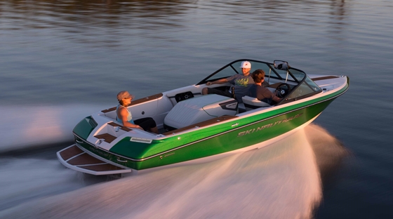 A purpose-built ski boat has the engine in the middle. This helps the boat get out of the hole fast and provides a flatter wake for the skier.