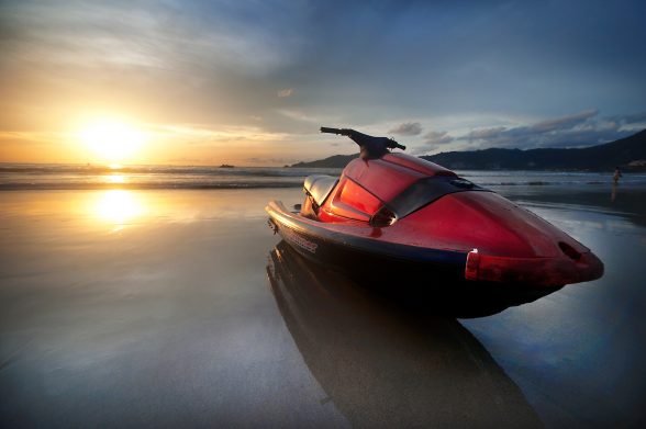 Yamaha WaveRunner at on an ocean sandbar at dawn