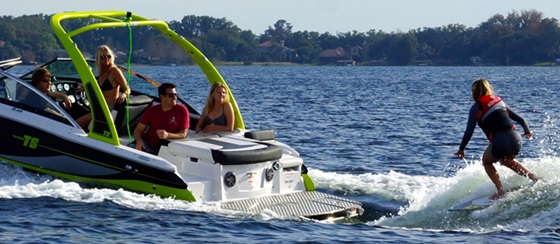 Water ballast and trim tab controls create great wakes, and the Forward Drive minimizes prop threat to riders.