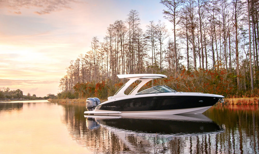 Revealing a trend among runabout and deck boat builders, the Regal 29 OBX sports twin Yamaha outboard power. Regal photo.