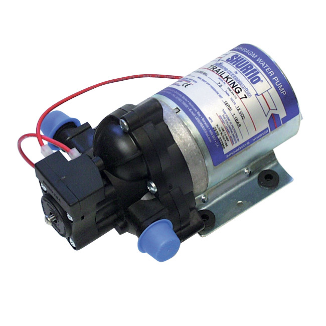A typical electric fresh water pump. Note the distinguishing names and numbers on the pump motor, which make finding parts much easier. Shurflo photo.
